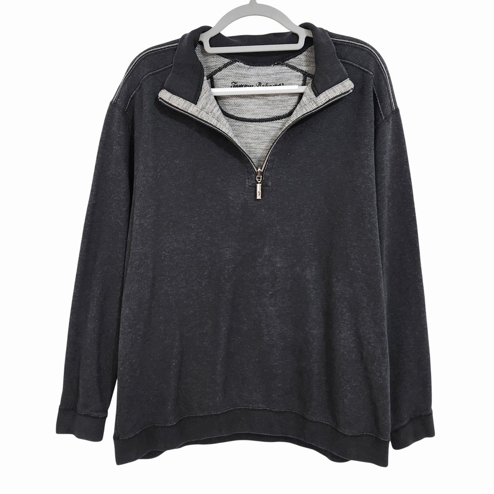 Tommy Bahama Mens Reversible Quarter Zip Pullover Charcoal Gray Stripe XL